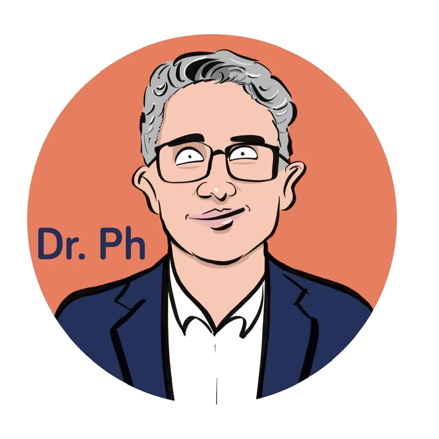 Caricatura de Dr. PH, asistente de IA para propiedad horizontal, con gafas y saco azul